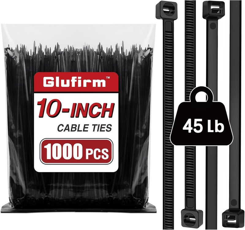 Glufirm Zip Ties 10 inch (1000 Pack), Black Cable Ties, 45lb Tensile Strength, Wire Ties, - Image 1